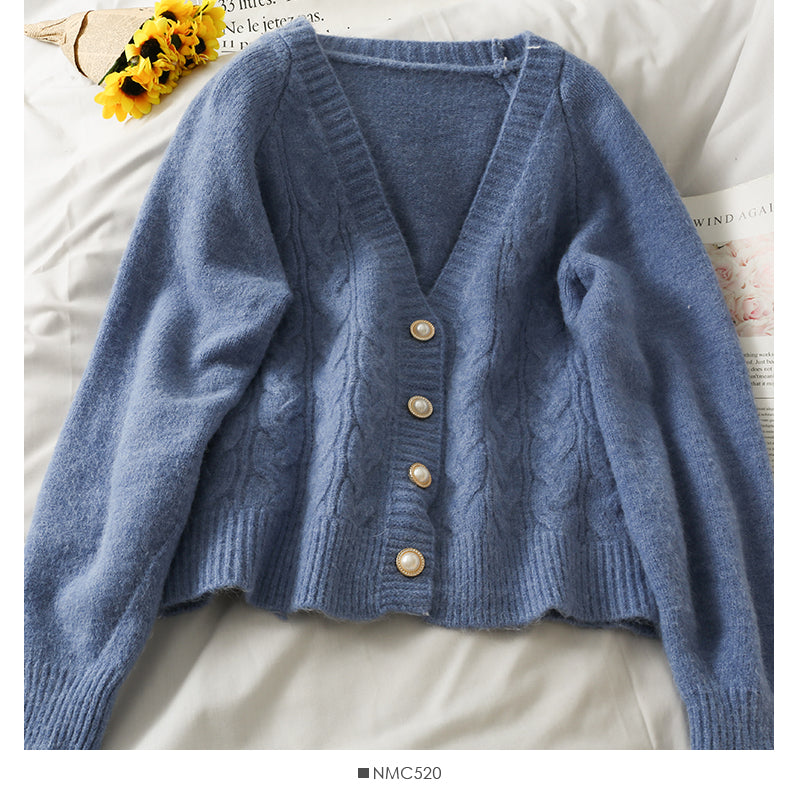 Low neck single breasted cardigan twist loose knit 1776