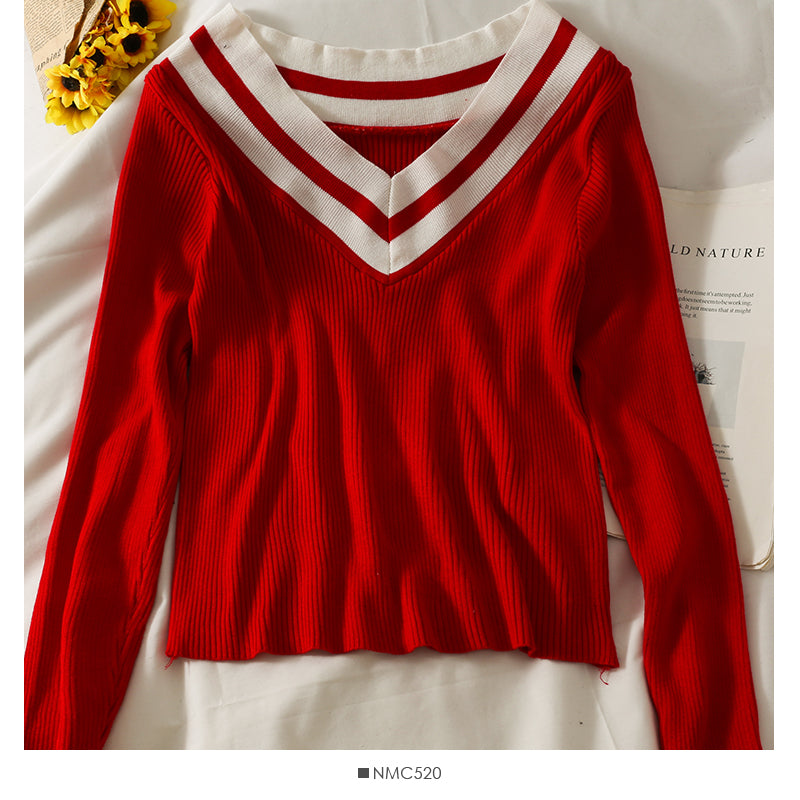 Korean striped off shoulder low collar collarbone exposed long sleeve T-shirt 1976