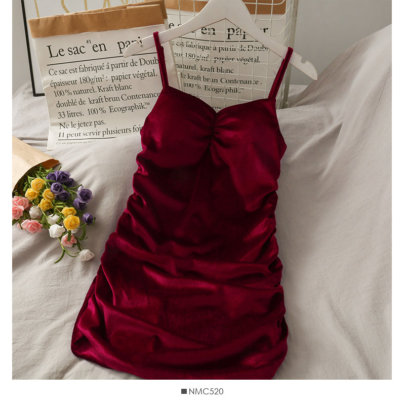 Korean retro golden velvet wrinkled tight short suspender dress 2711