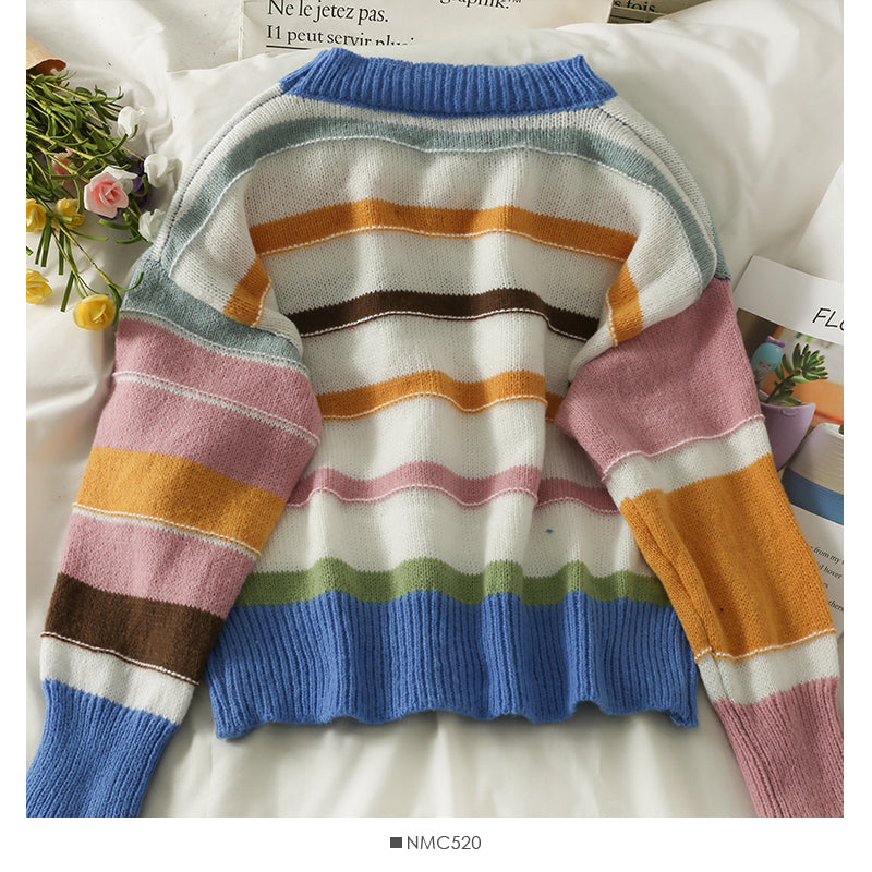 Elegant color stripe crew neck slim fit sweater 2002