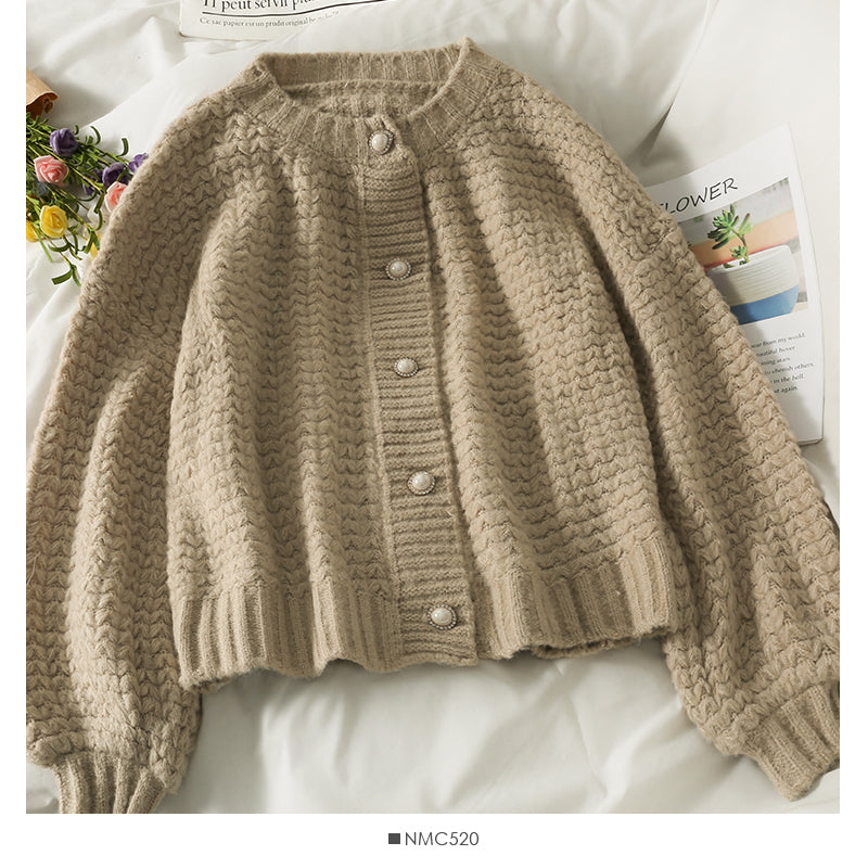 Crew neck single breasted long sleeved cardigan versatile sweater female 1856