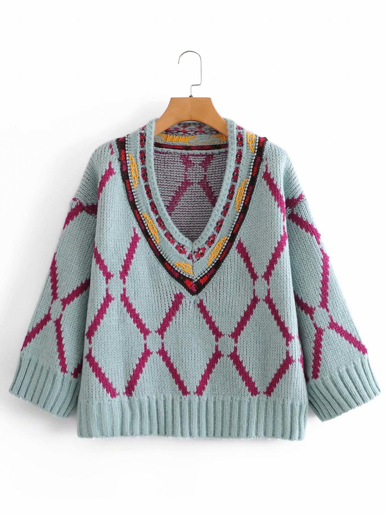 Gesticktes Muster V-Ausschnitt verdickter Pullover im Ethno-Stil locker sitzender Pullover für Frauen 1368