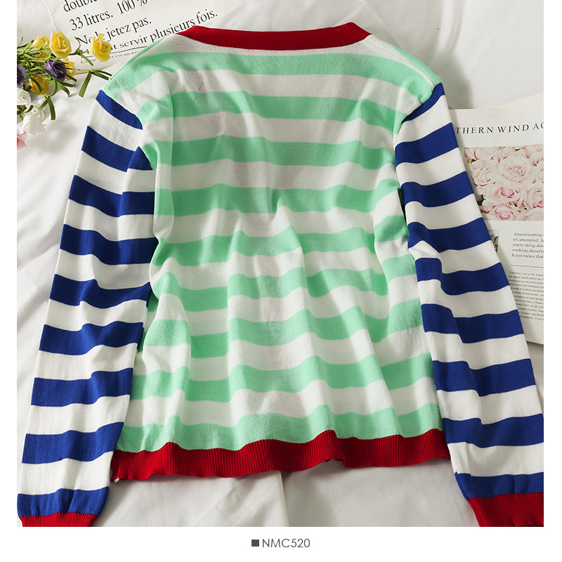 Contrast stitched striped single breasted V-neck T-shirt women's 2029