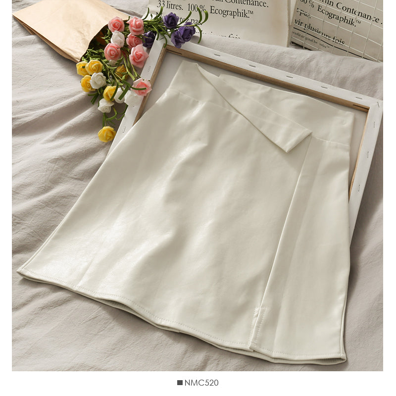 Retro and versatile irregular solid color high waist thin leather skirt 2660