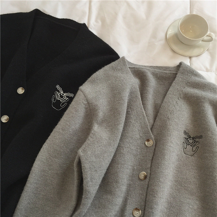 Lazy, little embroidery V-neck cardigans, loose design sweaters 1432
