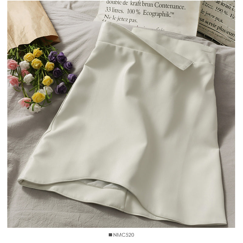 Jupe portefeuille taille haute en cuir de couleur unie irrégulière, jupe polyvalente 2670