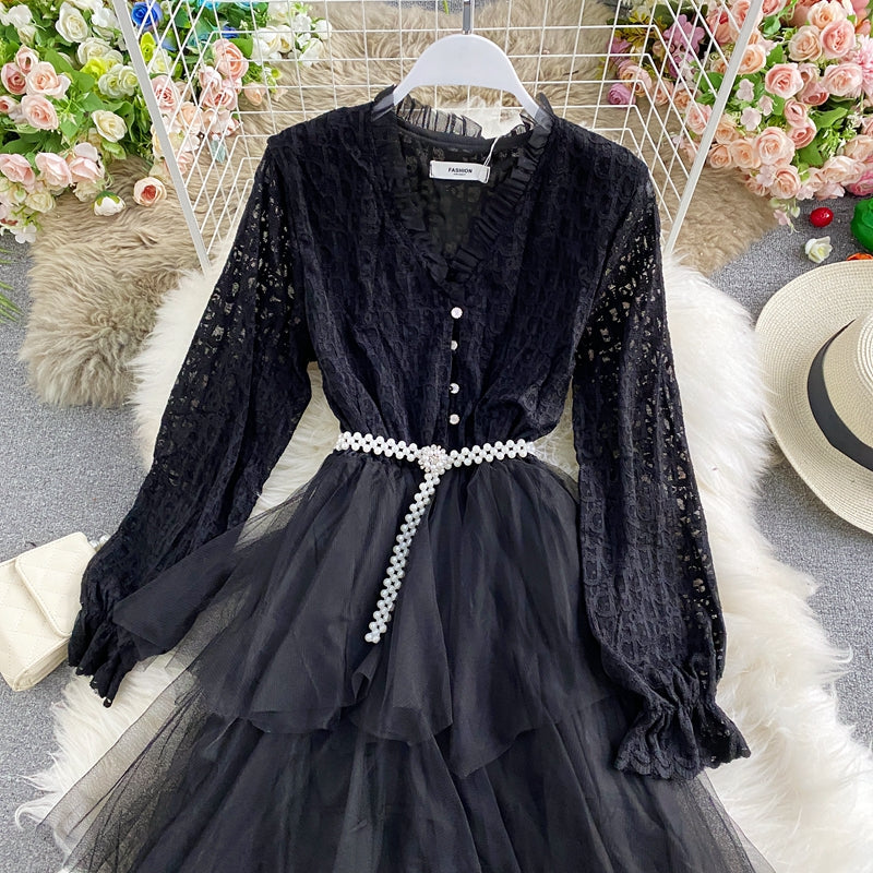 Mesh Ruffle lace patchwork cake skirt dress 3282