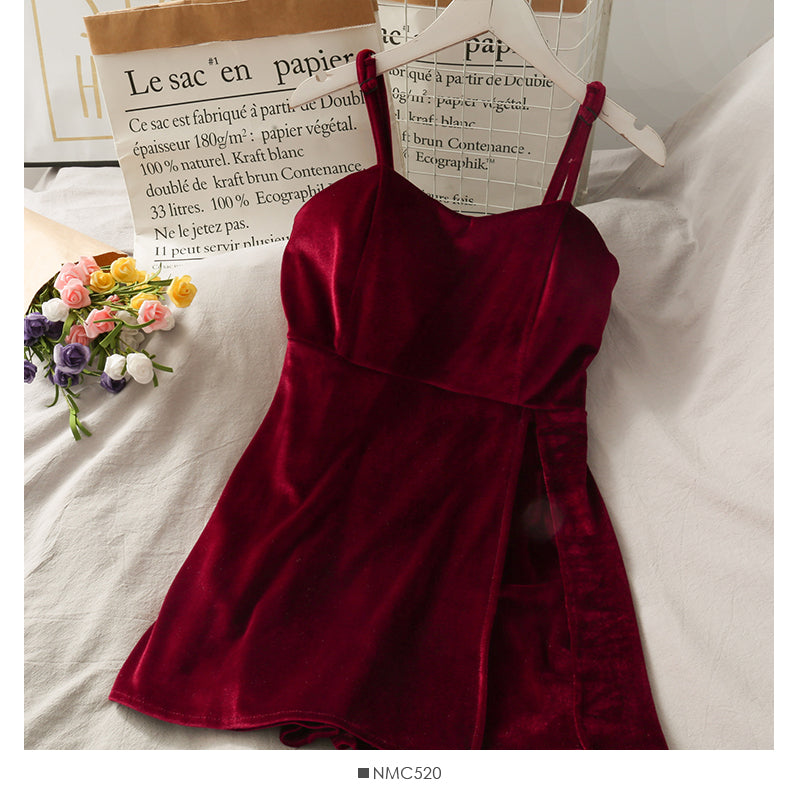 Jupe courte fendue taille haute en velours doré vintage avec bretelles réglables 2709