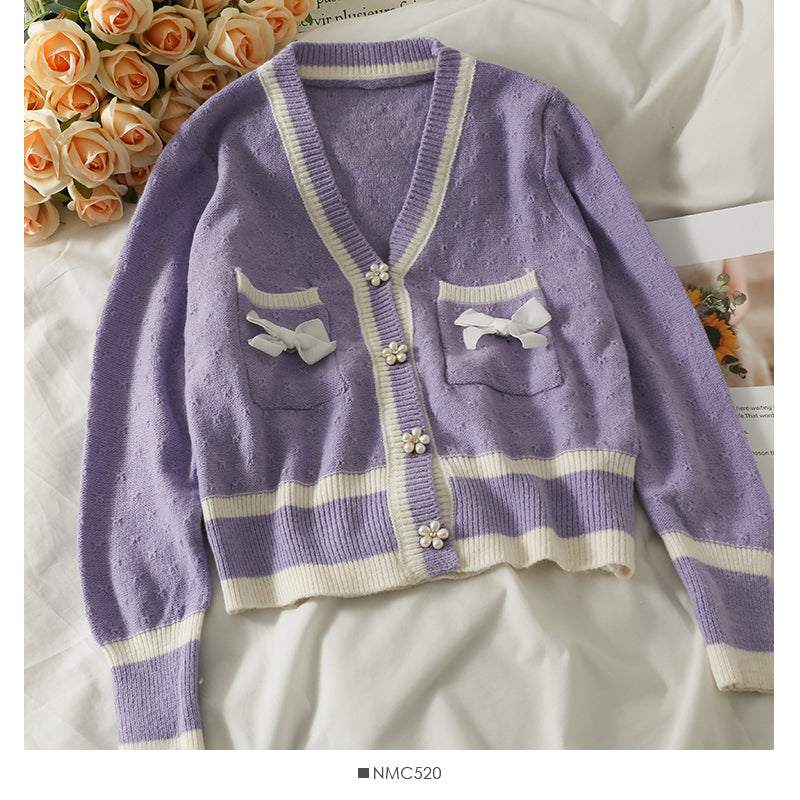 Bow decorative Beaded single breasted long sleeved top 1779