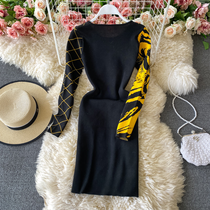 Round neck slim fit tiger pattern buttock knit dress 2929