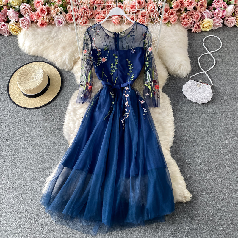 Mesh lace up banquet embroidery slim medium length dress 3162