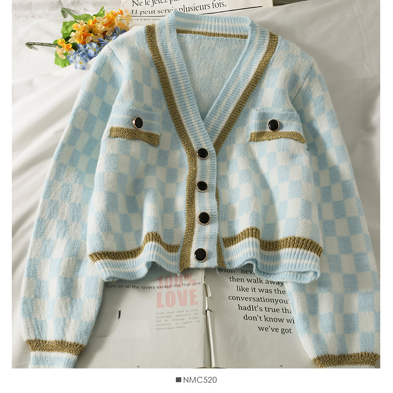 Plaid three button low neck cardigan women's sweater 1845