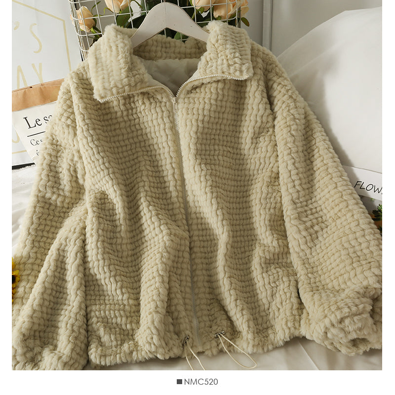 Plush thickened Lapel bubble sleeve cardigan coat 2116