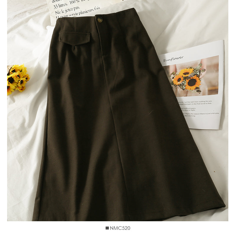 Retro High waist and thin one grain button wool skirt 2570