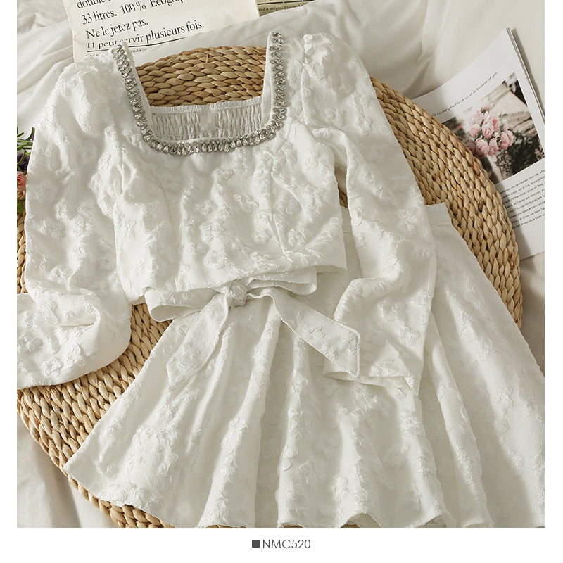 Collarbone bow tie long sleeve blouse embossed high waist skirt 2486