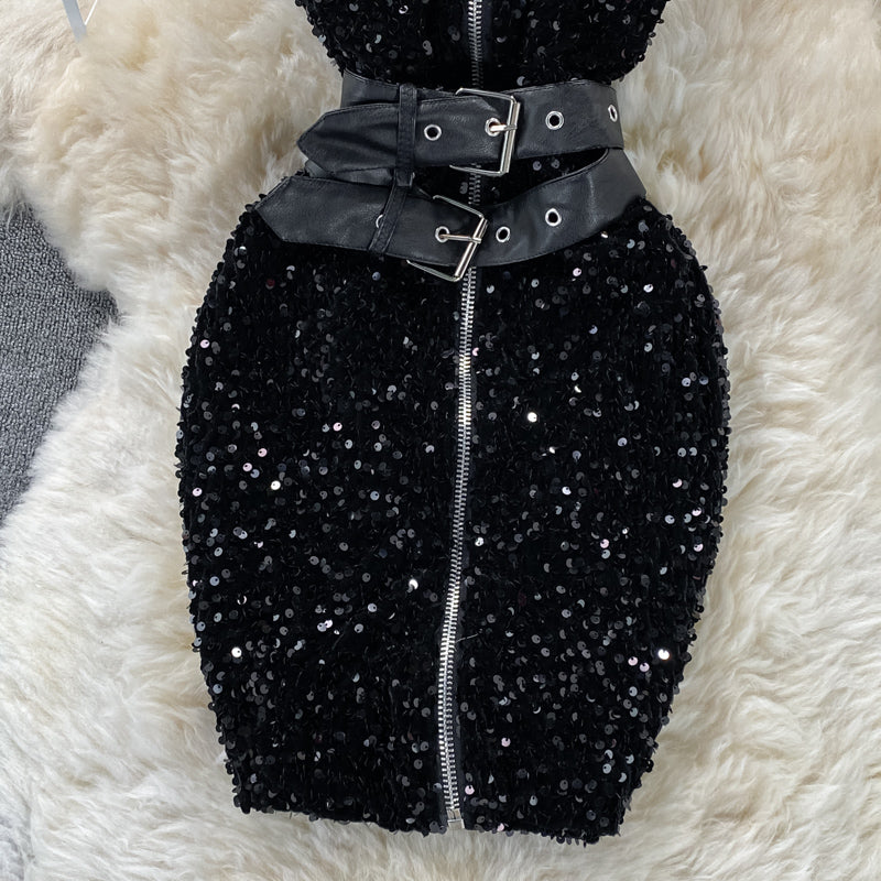 Design sense zipper Sequin glittering fashion slim fit 2781