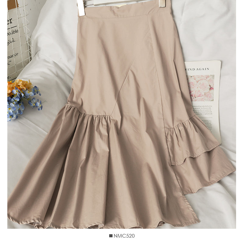 Korean irregular stitching versatile solid medium length A-line skirt 2610