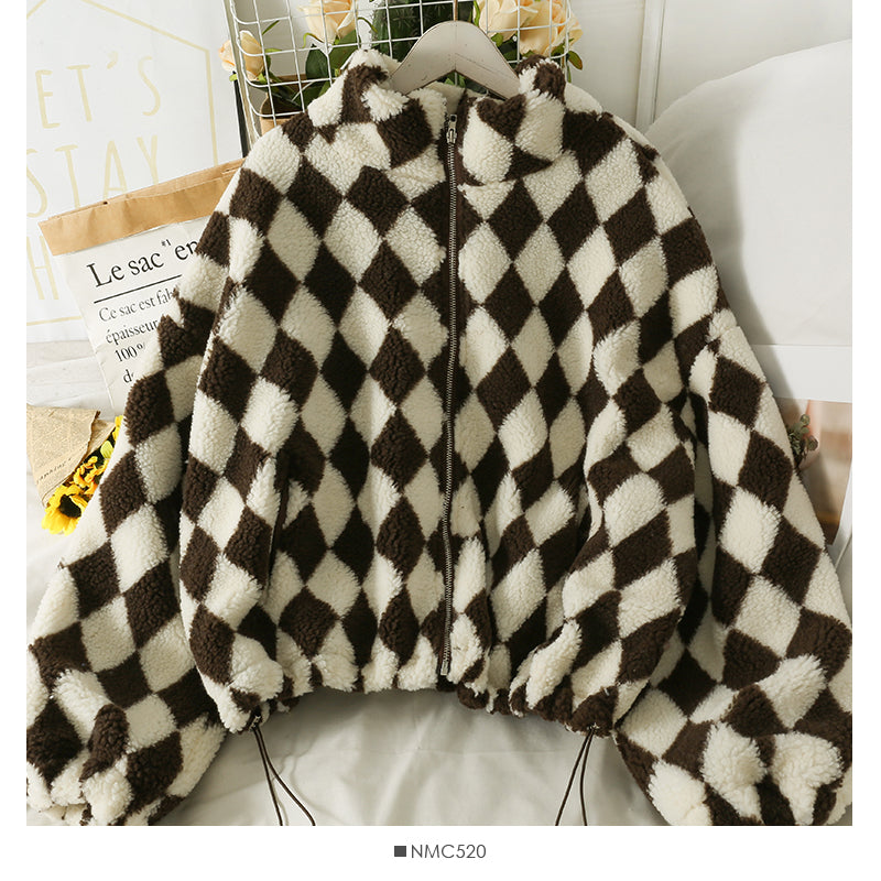 Diamond Plaid high neck bubble sleeve thickened jacket female drawstring lamb wool 2118