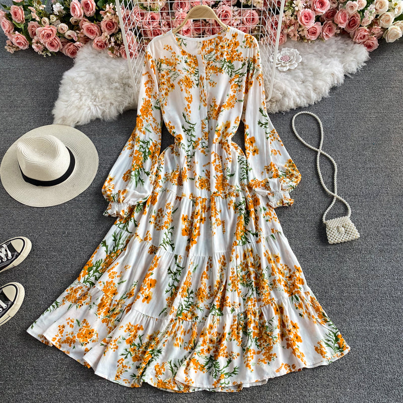 Wind round neck printed Bubble Sleeve Ruffle lace long skirt 3432