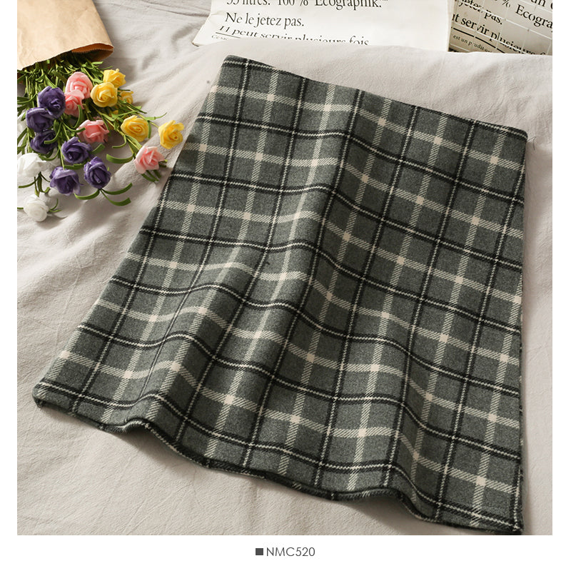 Vintage Plaid high waist thin A-line short skirt for women 2523