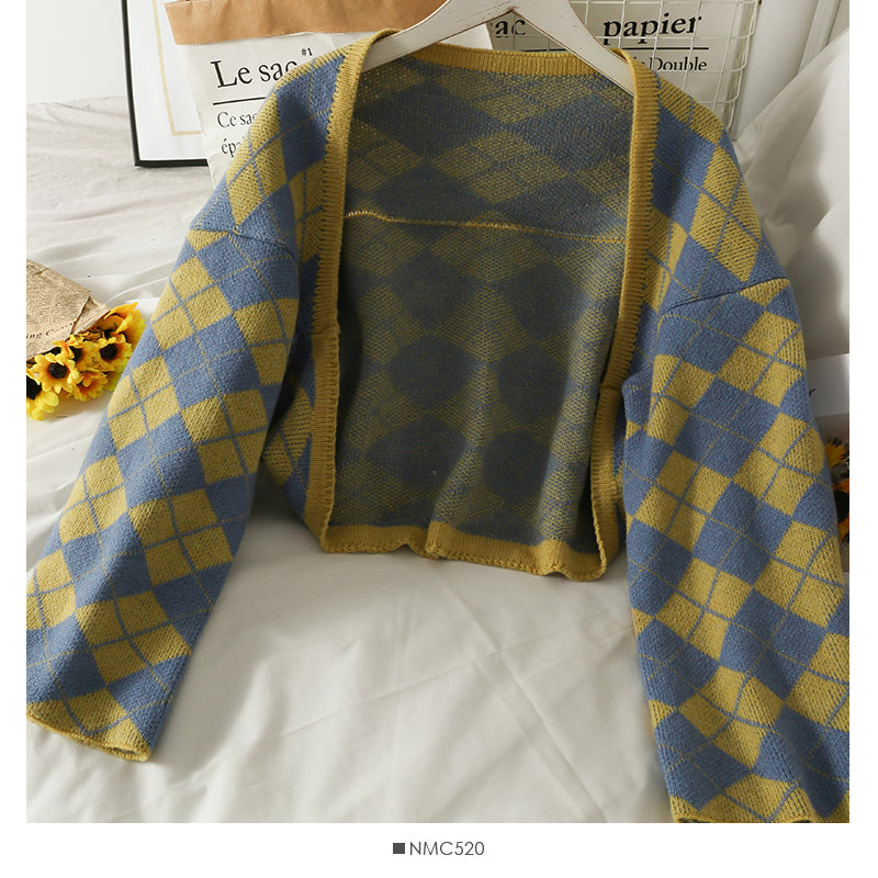 Diamond check short irregular long sleeved women 1697