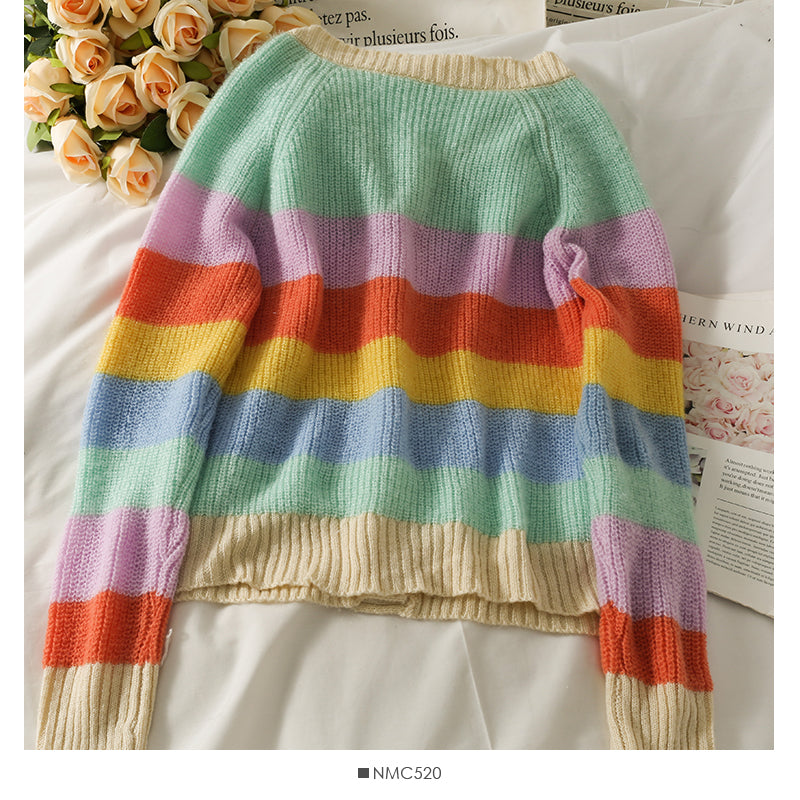 Cardigan simple boutonnage à rayures colorées élégant, pull à manches longues 1991