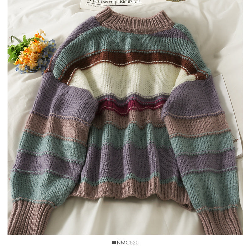 Elegant color contrast stripe round neck long sleeve Pullover Sweater women 2071