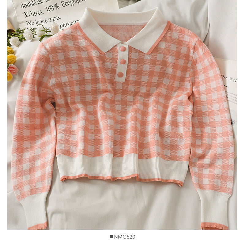 Contrast stitched Plaid Lapel short slim knit 2058