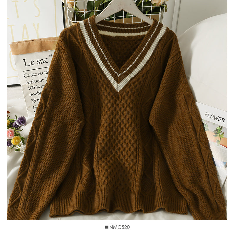 Sweater female diamond check loose thin sweater Korean V-neck 1863