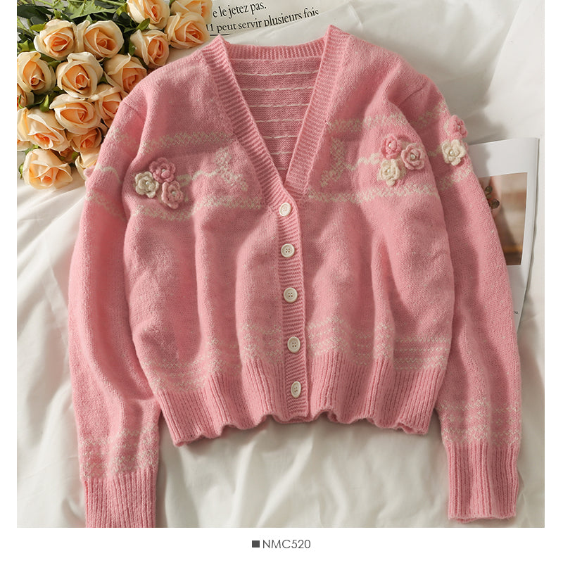 Süßer dreidimensionaler Blumen-Wavelet-Point-Kurzstrickpullover 2039