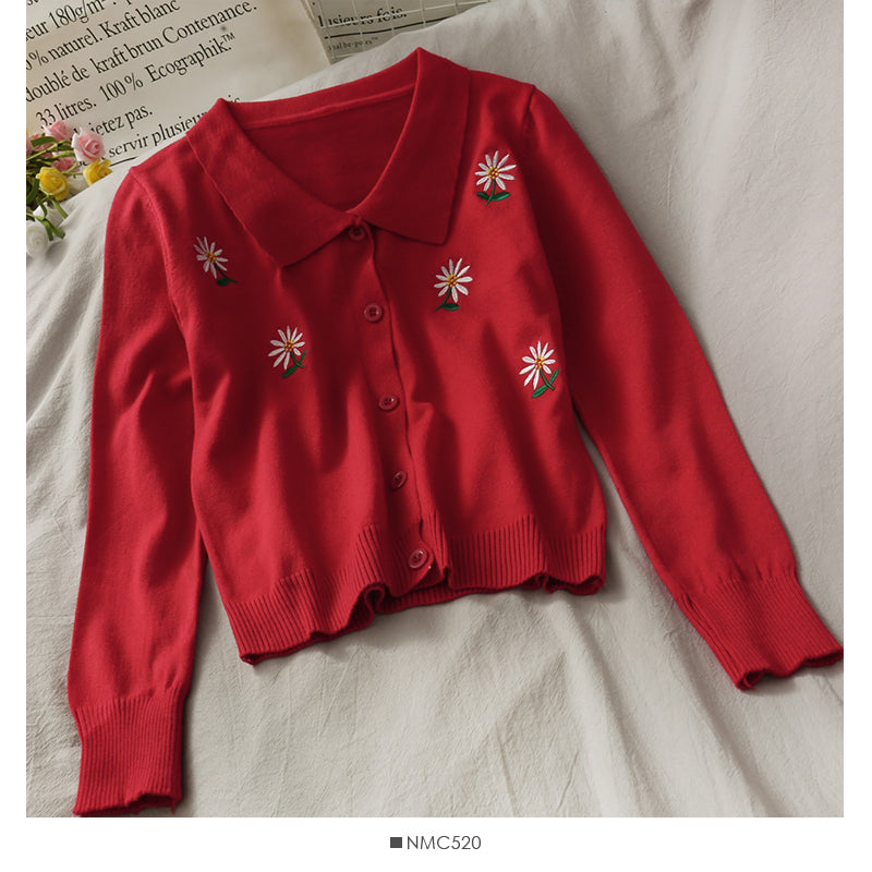 Little fresh Daisy embroidery single breasted cardigan women's sweater 1934