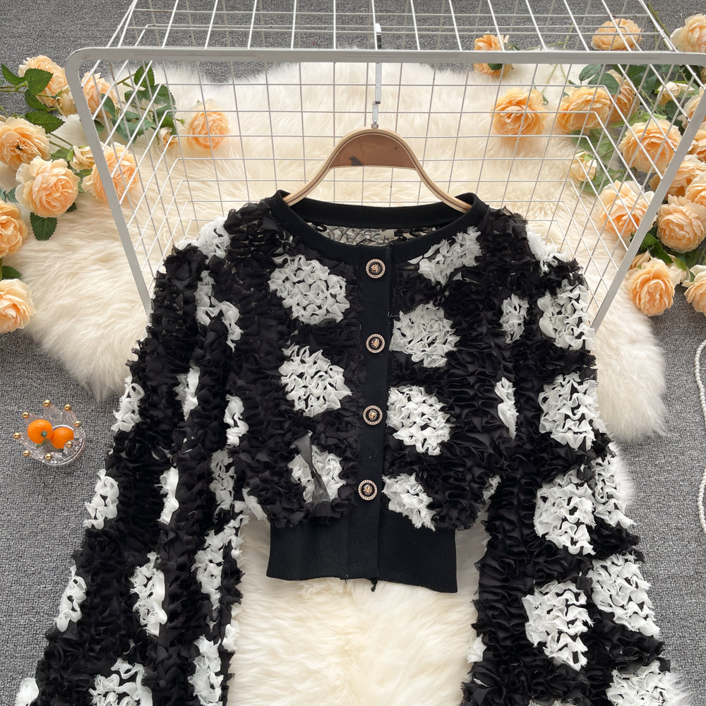 Sweet temperament three-dimensional flower bubble long sleeve top 1564