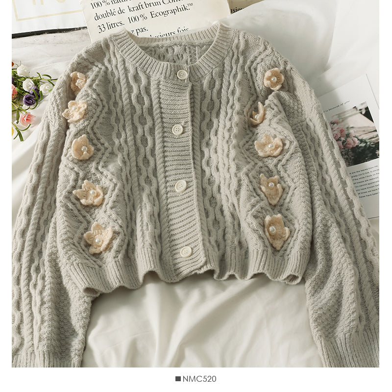 Sweater female nail bead three-dimensional flower single breasted cardigan top 1807