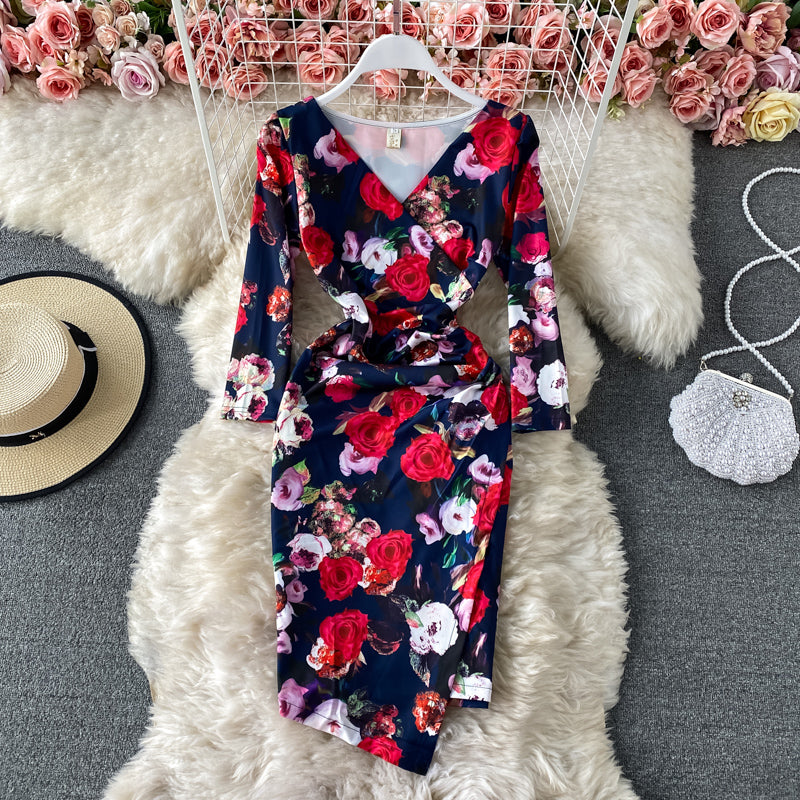 Sexy printed Hip Wrap Dress irregular Decor medium length skirt 3417