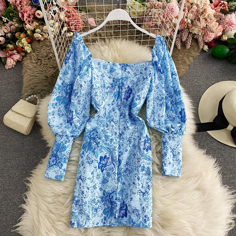 Blue and white porcelain printed square neck sexy Lantern Sleeve Dress 2813