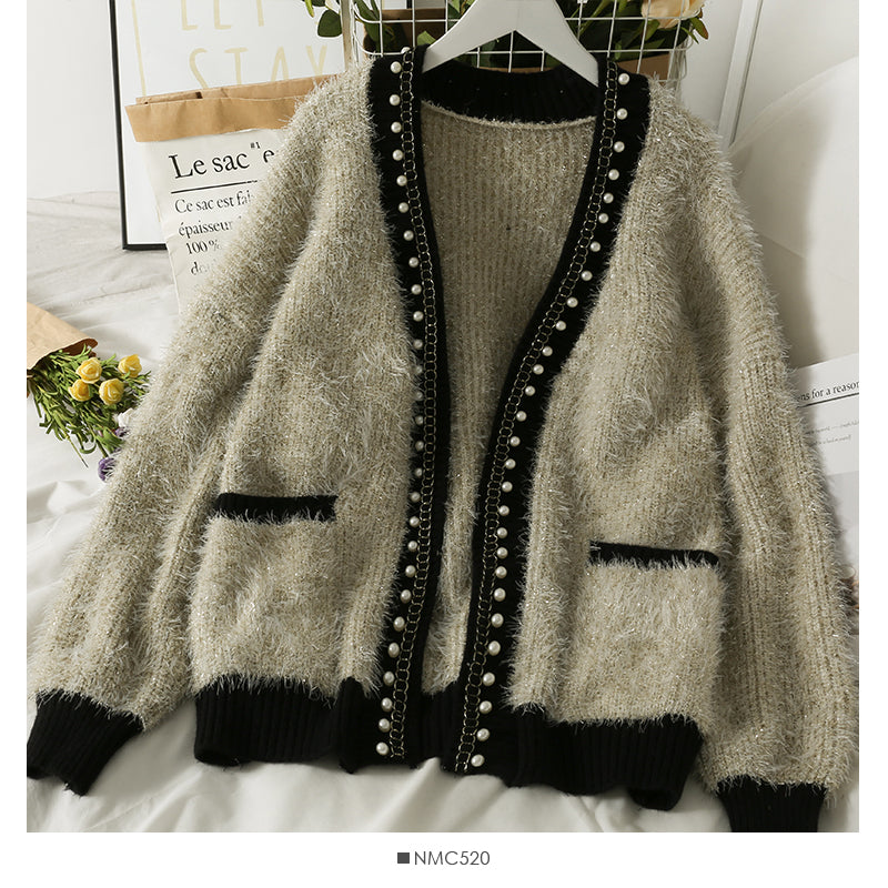 Hong Kong style retro nail bead medium long cardigan loose Long Sleeve Jacket Women 2042