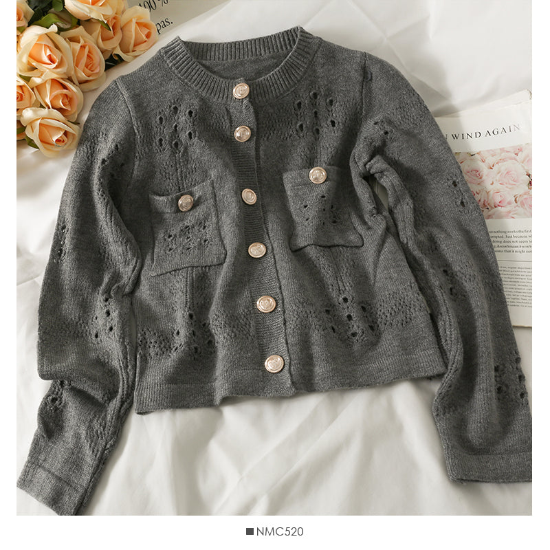 Sweater female hollow out Crochet pocket design top Korean single sweater 2059