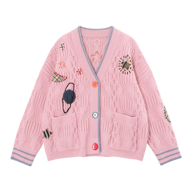 Loose, lazy, kiddie planet embroidered sweater 1439
