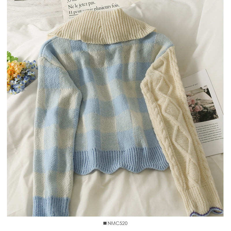 Elegant style color blocking large lapel Plaid loose knit women's shirt 1899