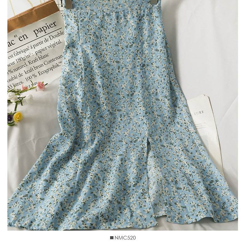 Jupe mi-longue à taille haute et à imprimé floral rétro 2575