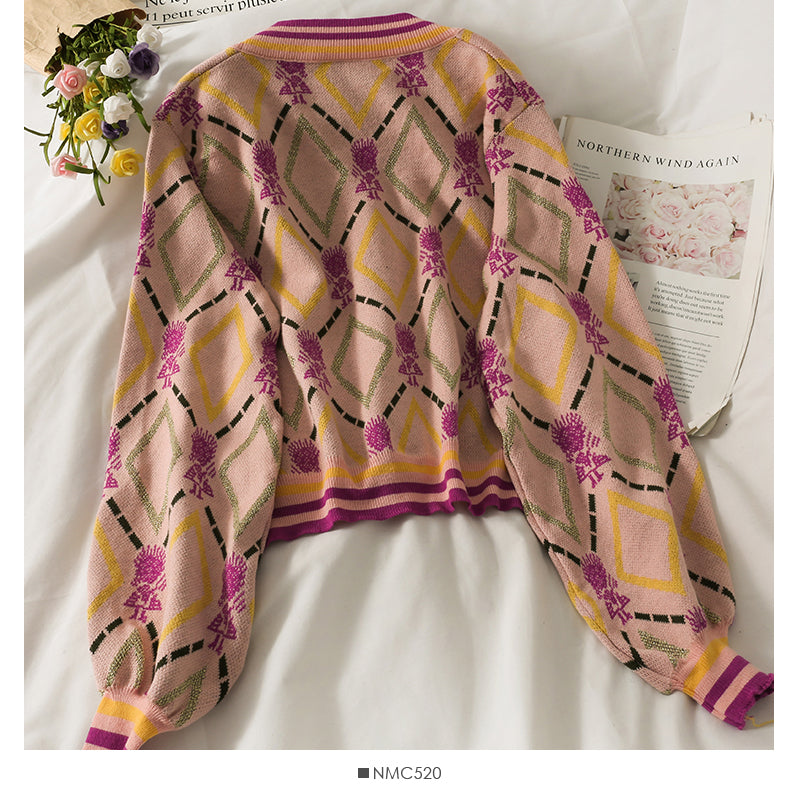 Vintage Print Diamond Check Loose Long Sleeve Top Damen Herbst V-Ausschnitt Kurzer Pullover mit zwei Knöpfen 2066