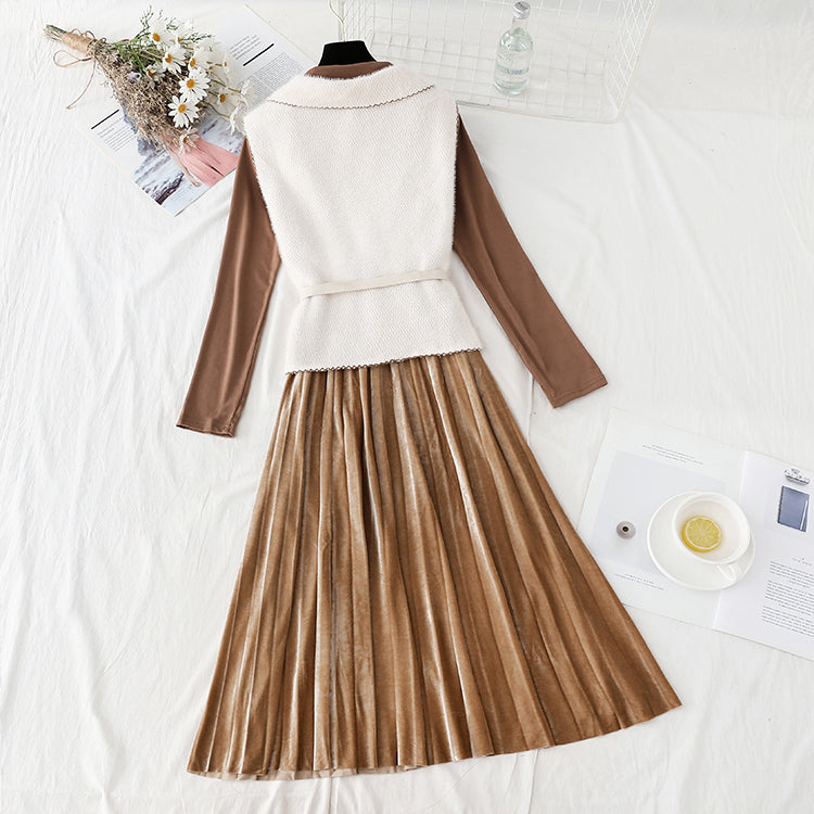 New vest velvet pleated skirt temperament two piece set 2405
