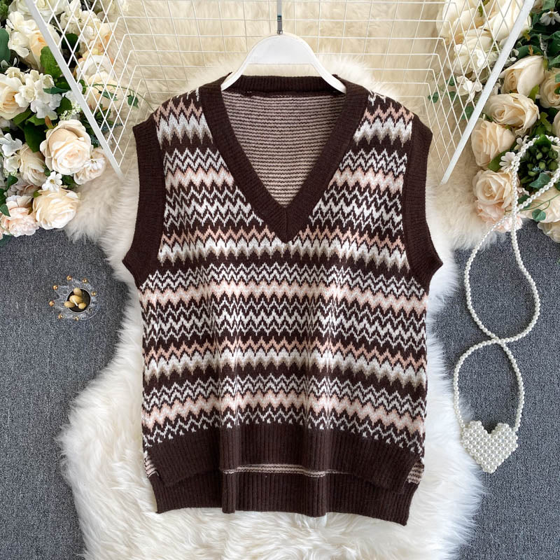 Korean Vintage sweater feminine V-neck slim fit short sweater top vest 1573