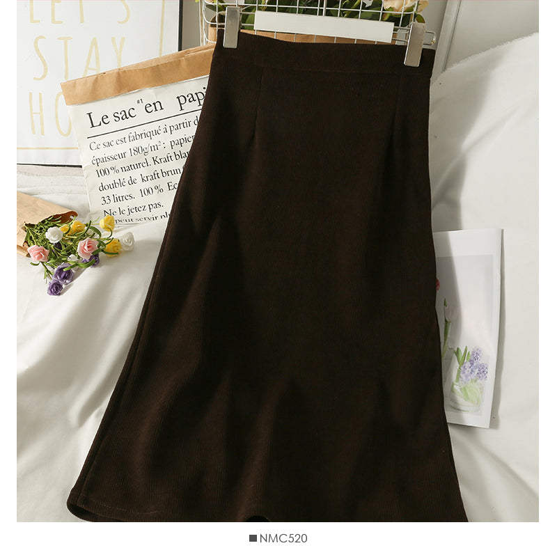 Hong Kong style retro high waist Plush thickened warm knee length skirt 2573