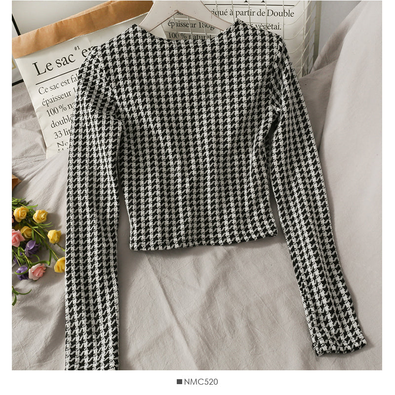 French minority thousand bird lattice short slim and thin blouse for women 2054