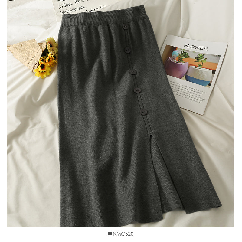 Korean retro breasted medium and long split Knit Skirt 2598