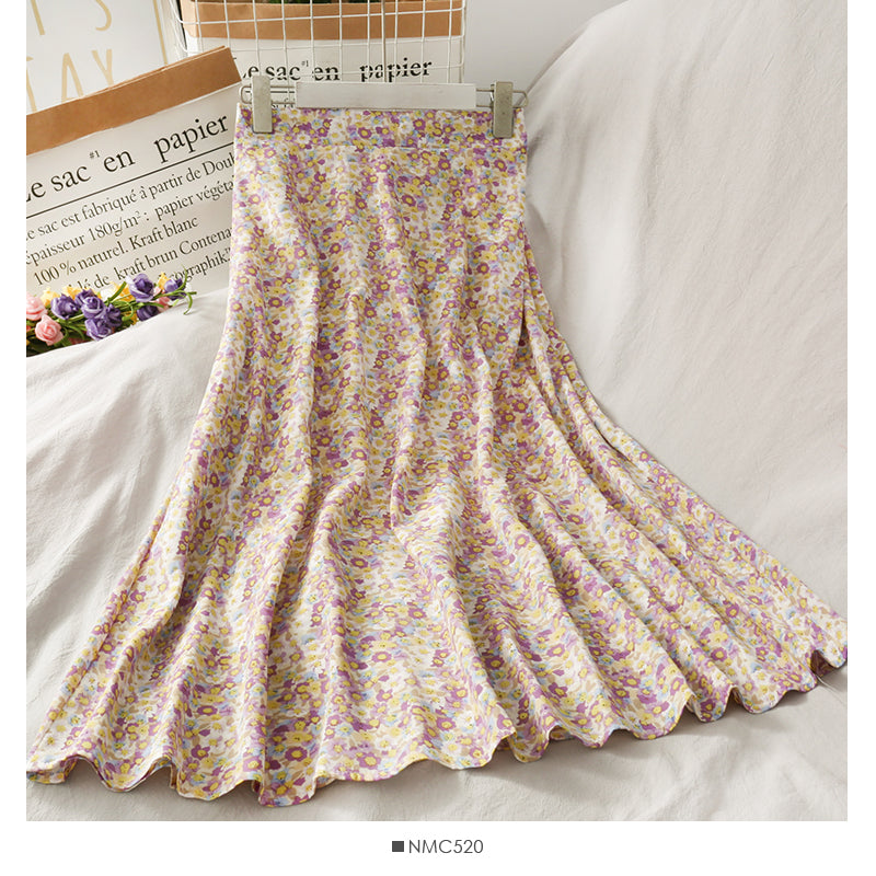 Sweet wind printed high waist slim A-line large swing skirt 2653