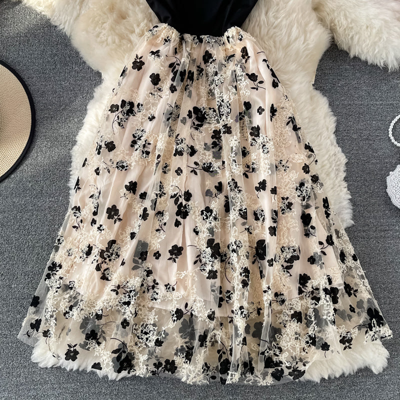 Neck off shoulder dress floral suspender dress 2978