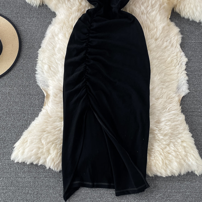 Pleated split suspender skirt with exposed backpack hip dress 3059