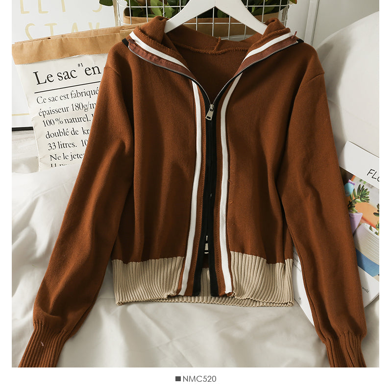 Hooded sweater women's stripe loose slim zipper sweater 2014